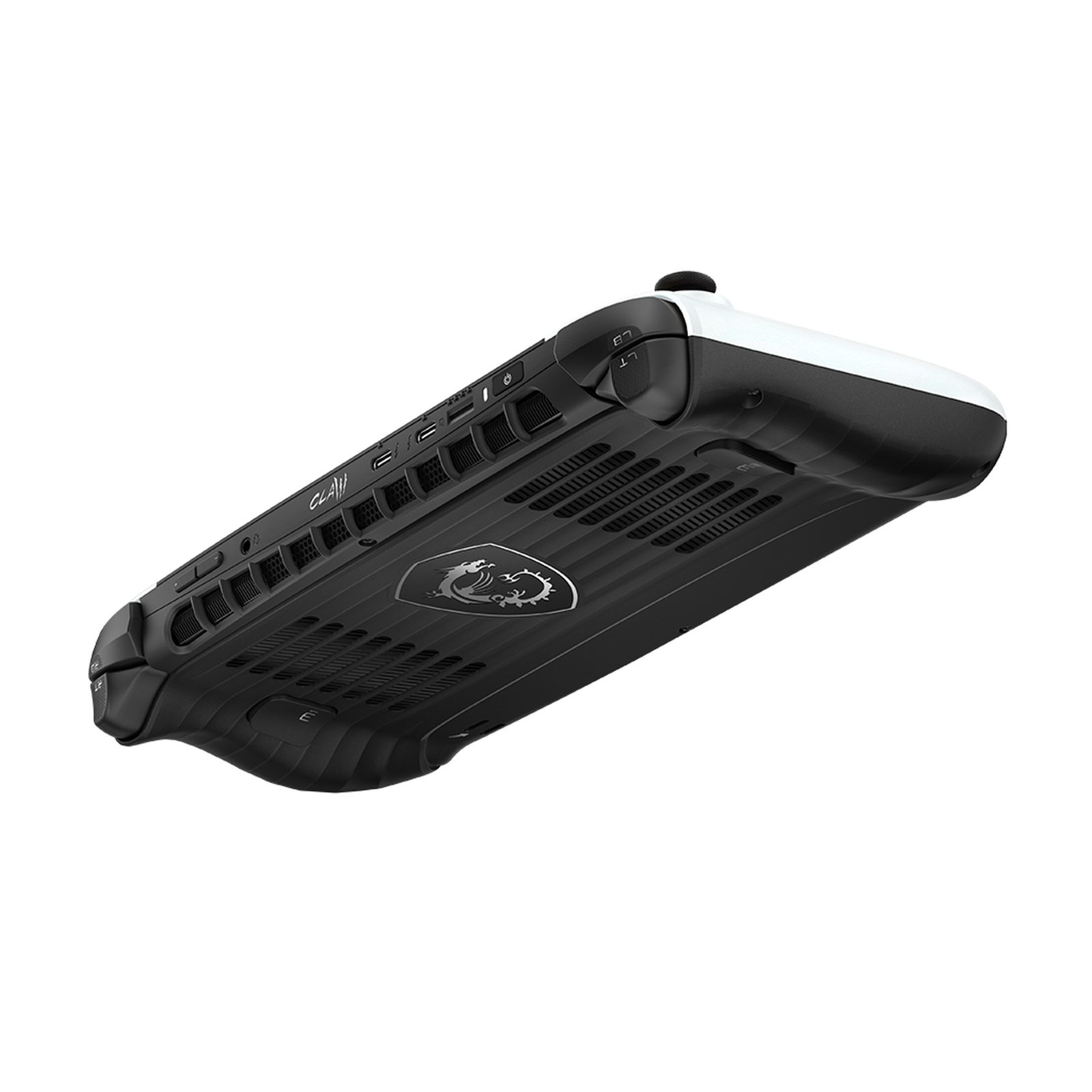 Handheld-Gaming-Gerät in Schwarz und Weiß mit Lüftungsschlitzen und Tasten. MSI-Logo sichtbar.