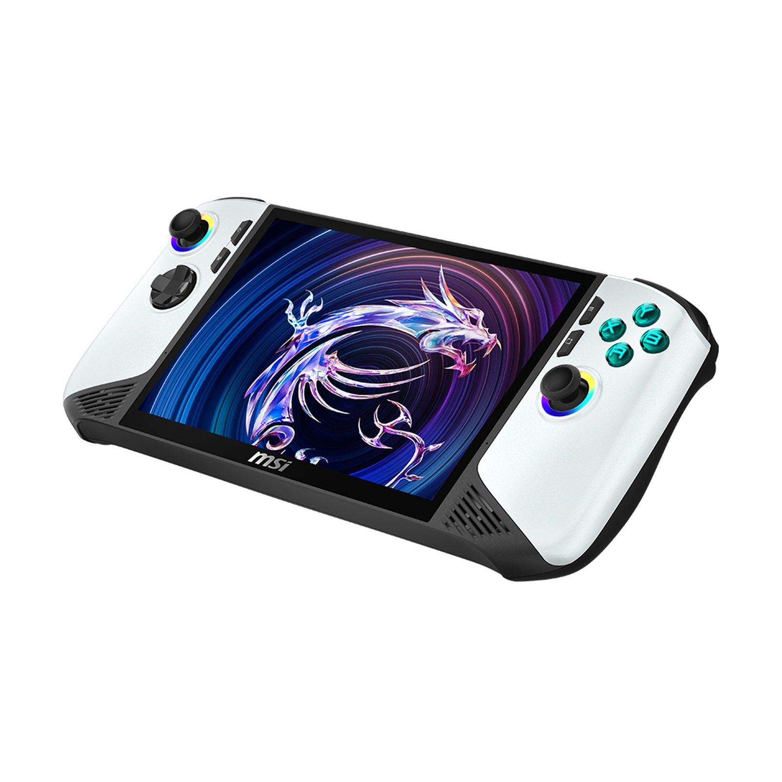 Ein weißer Handheld-Gaming-PC mit einem Drachen-Hintergrundbild auf dem Bildschirm.