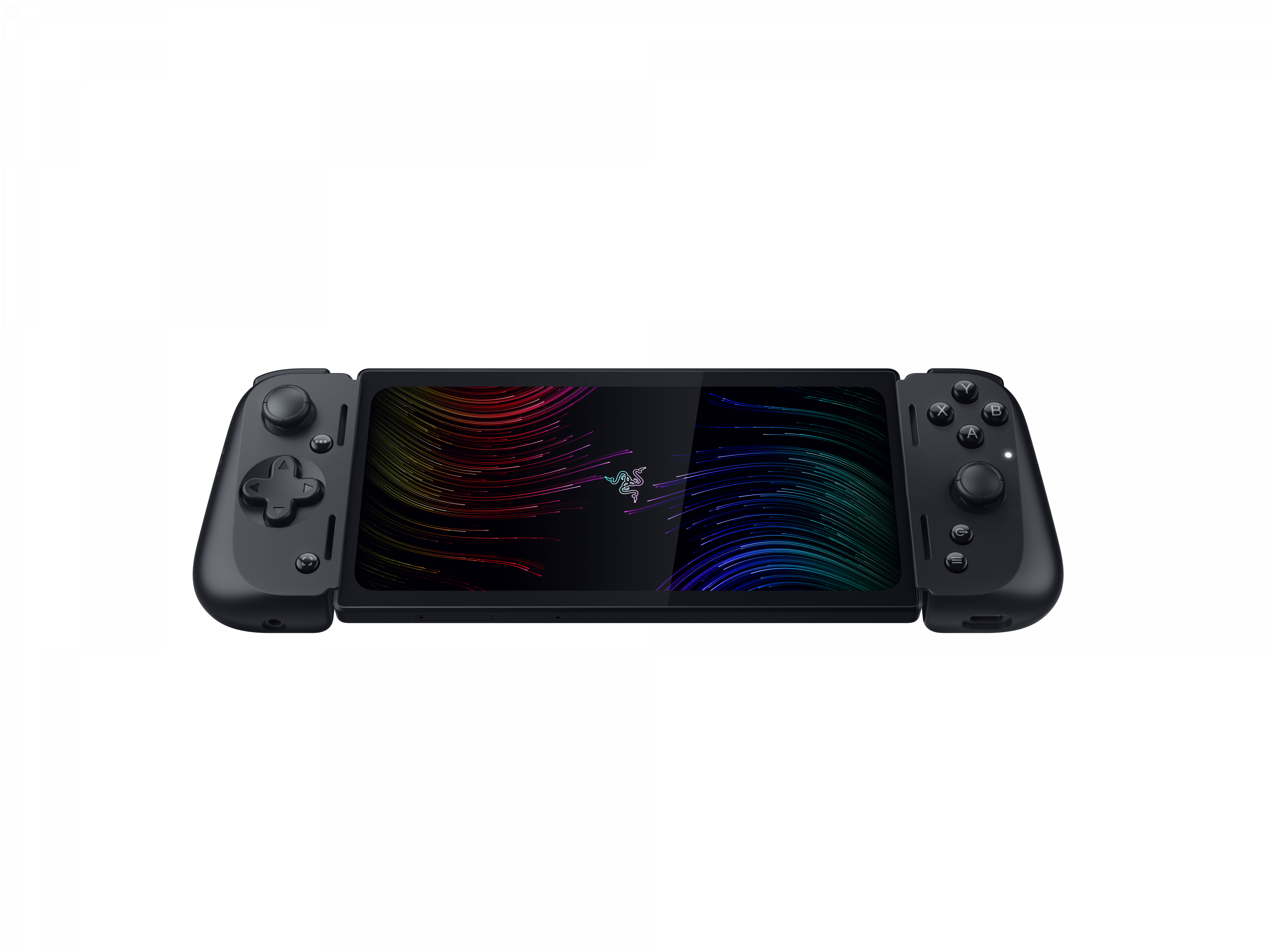 Ein schwarzes Mobilgerät mit Controller-Aufsätzen und einem bunten Hintergrundbild.