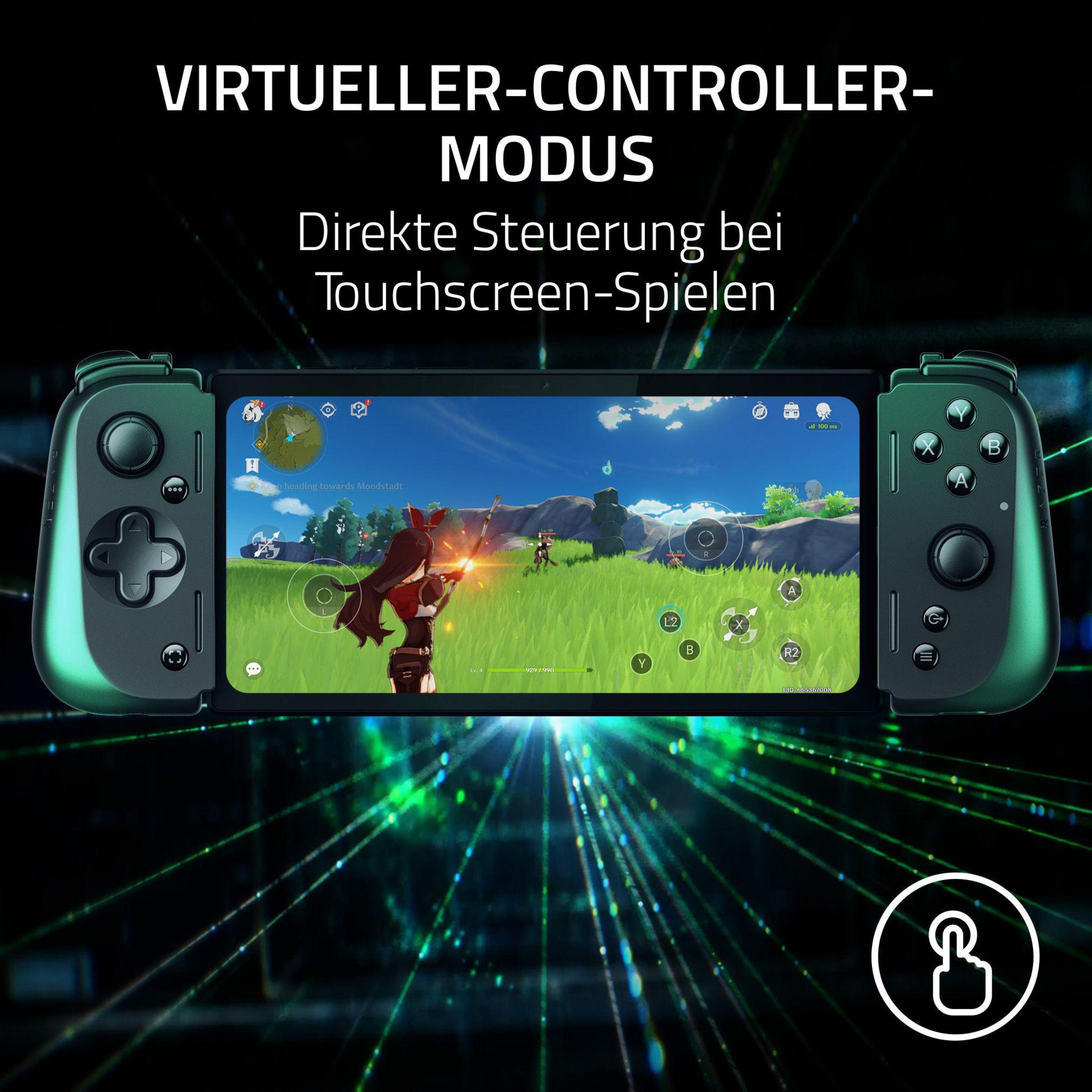 Ein Smartphone mit angebrachtem Controller spielt ein Videospiel.