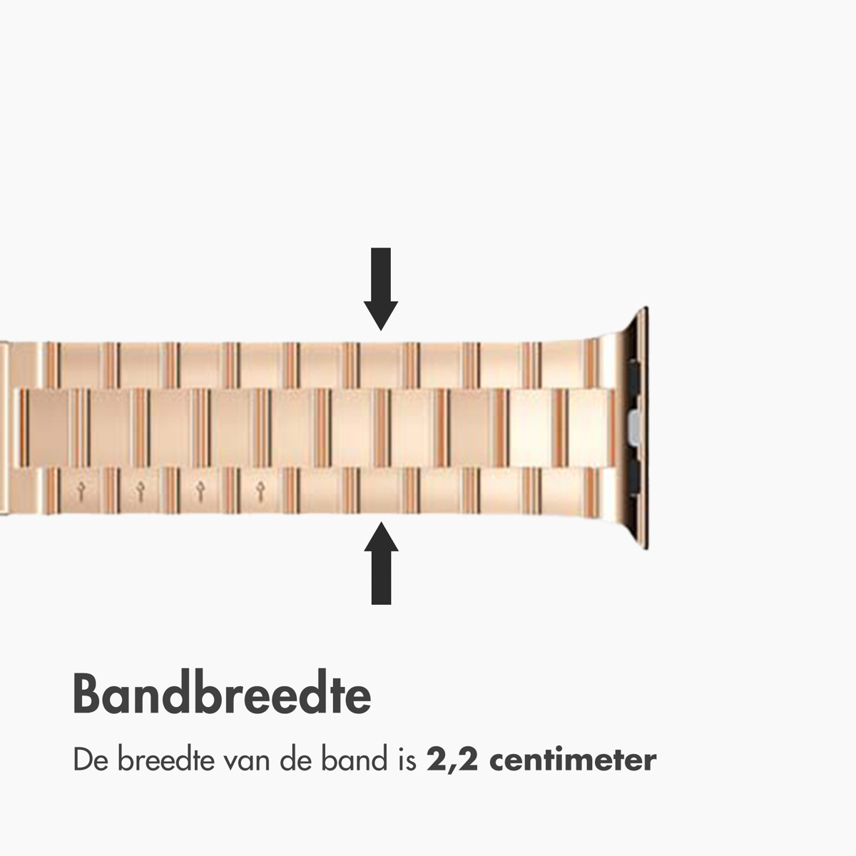 Band width 2.2 cm indicated by arrows on a rose gold watch band.