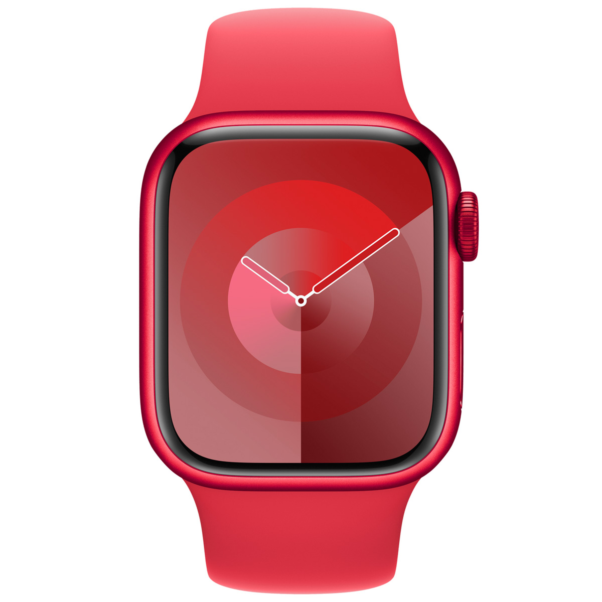 Een rode smartwatch met een rood digitaal scherm met een cirkelvormige gradiënt.