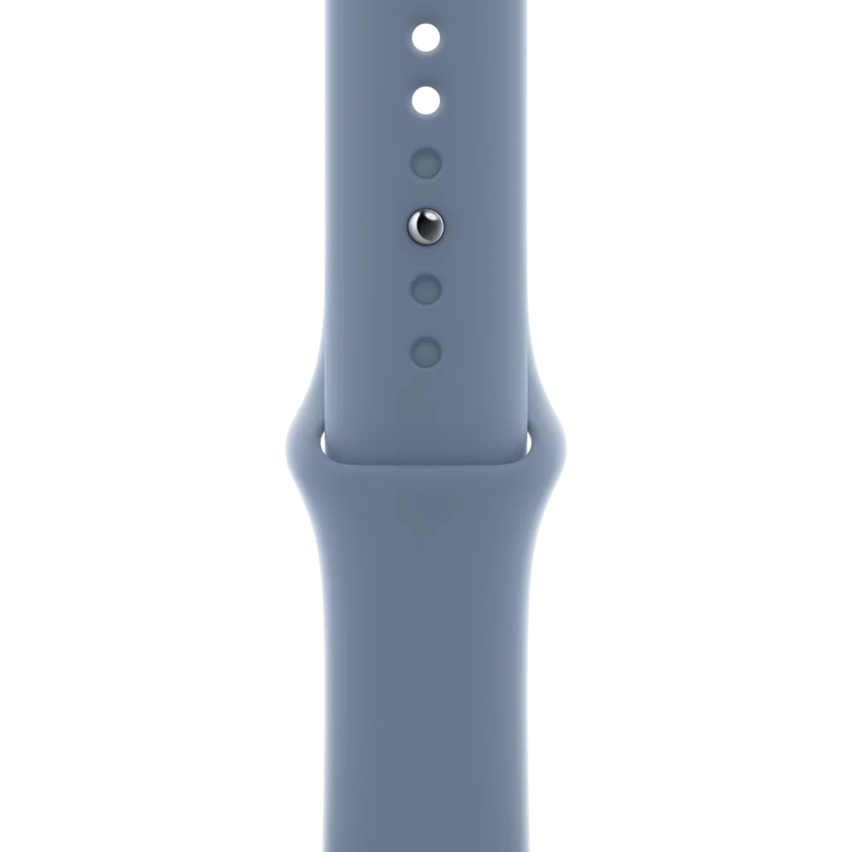 A gray watch band with holes and a silver pin detail.