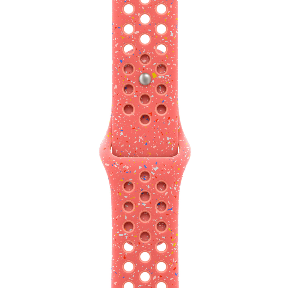 A pink watch band segment with perforations and colorful speckles.