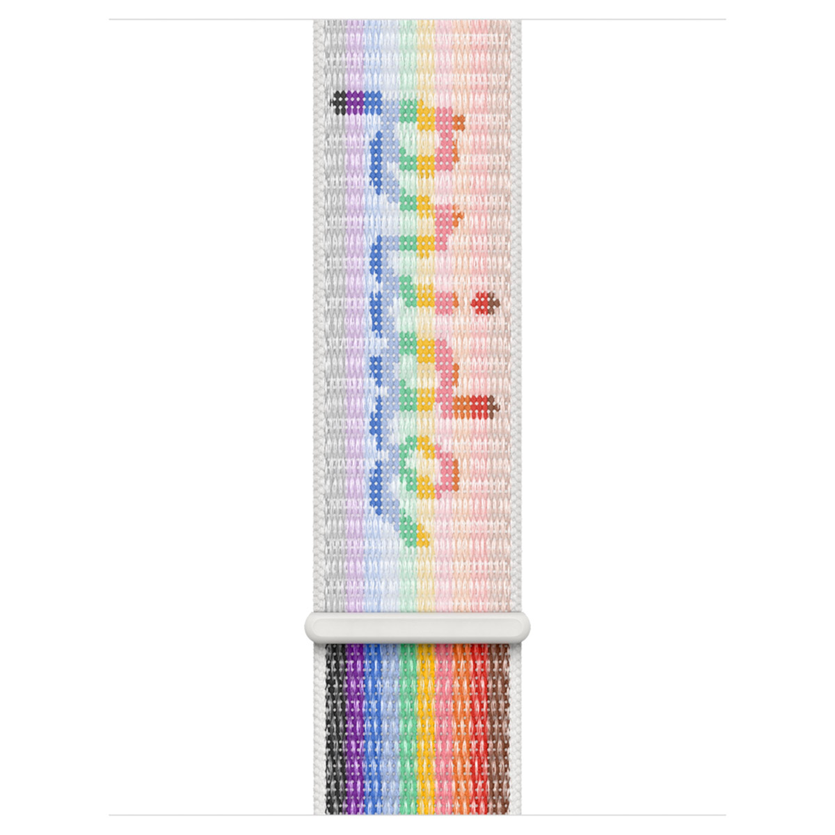 A white watch band with a cross-stitch style rainbow Pride pattern.