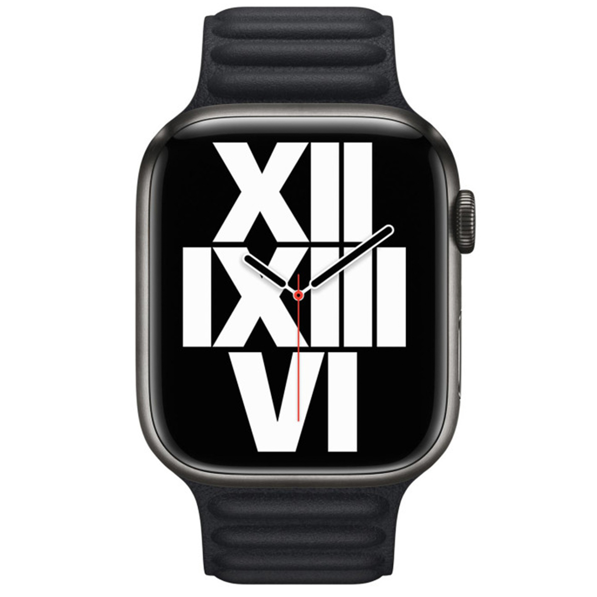 A close-up of a grey smartwatch with a black band, displaying a Roman numeral clock face.