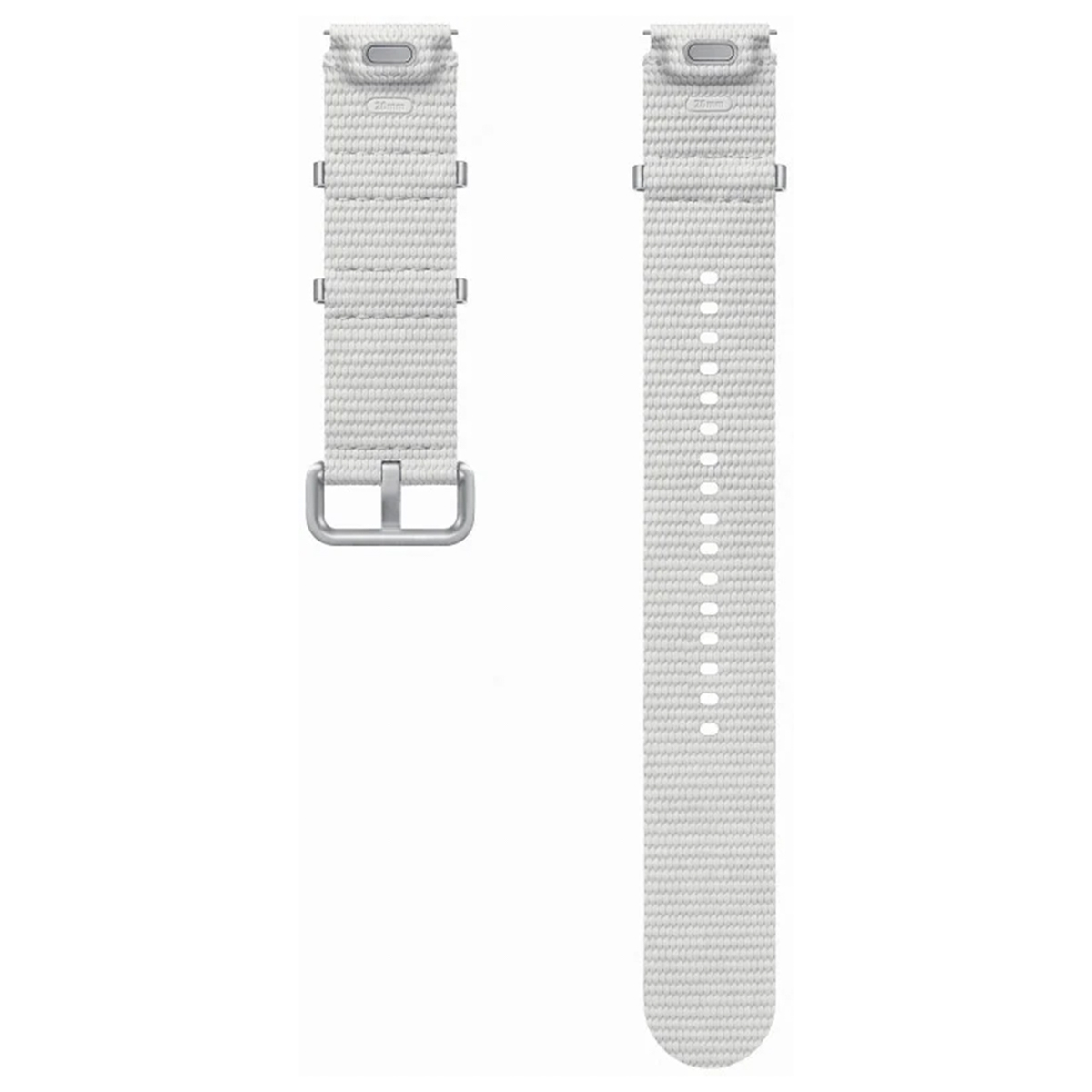 Dos correas de reloj de tela blanca con hebillas metálicas y agujeros.