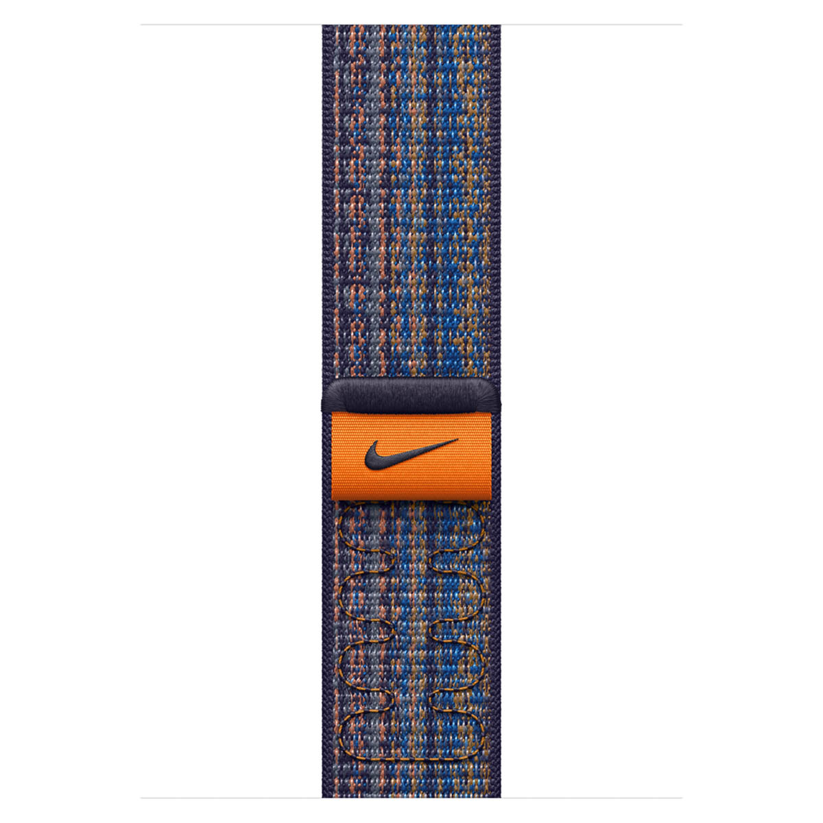 Ein dunkelblaues, orange und blau kariertes Armband mit schwarzem Nike-Logo.