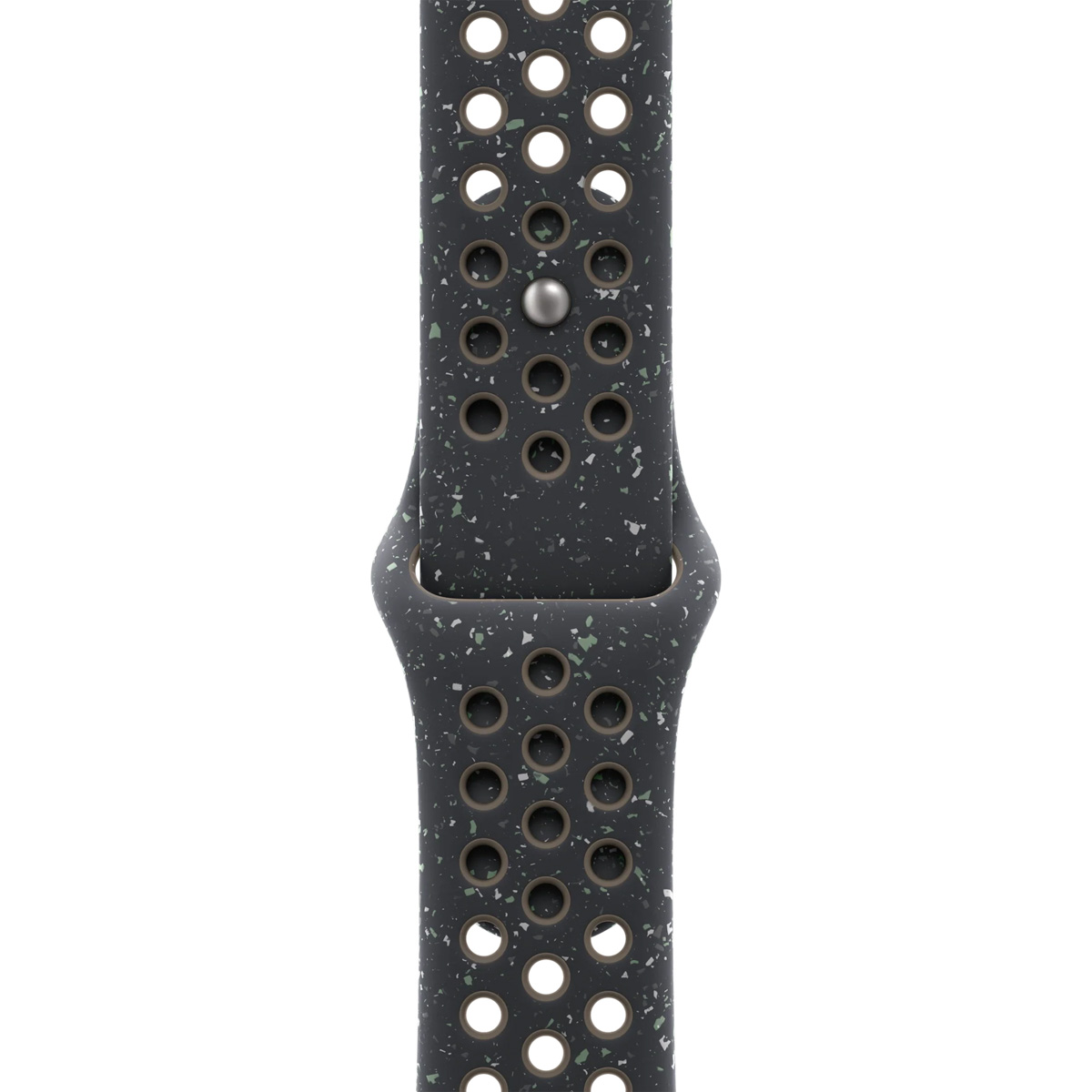 Dark gray watch band with white and green speckles and perforated holes.