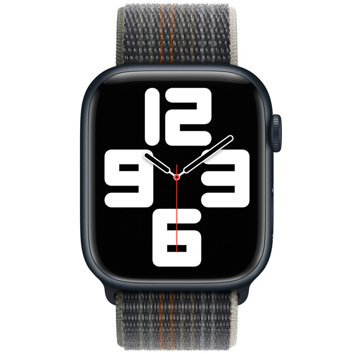 A dark blue smartwatch with a plaid band displays large white numbers on its black screen.