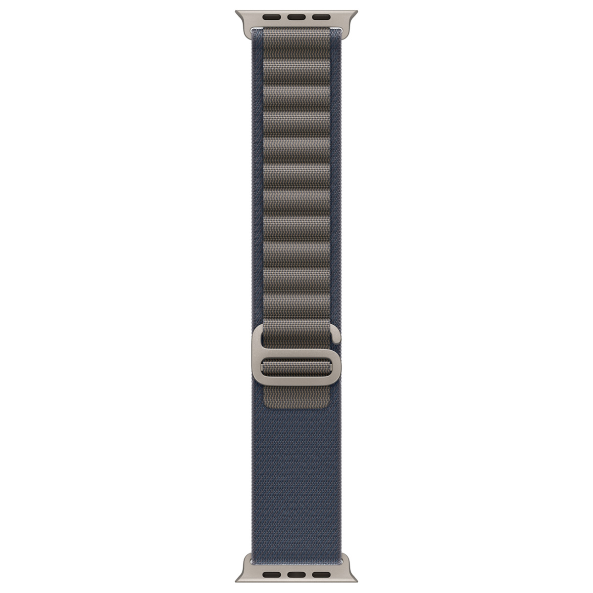 Un bracelet bleu et gris pour Apple Watch avec connecteurs argentés.
