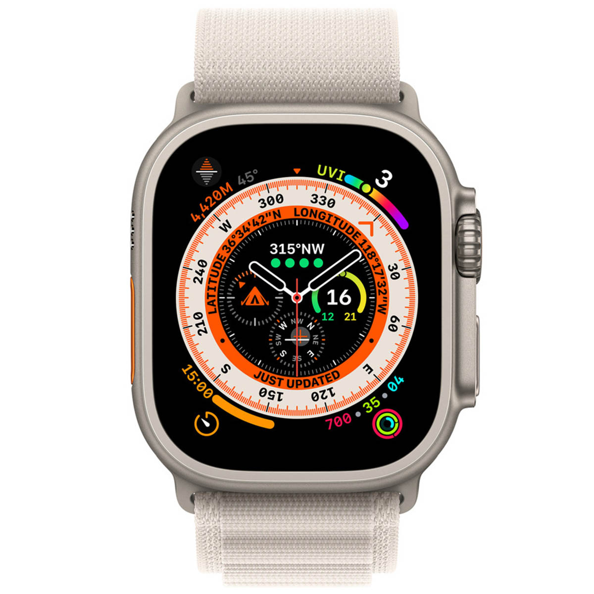 Gros plan d'une montre connectée argentée avec bracelet gris clair, affichant un cadran détaillé.