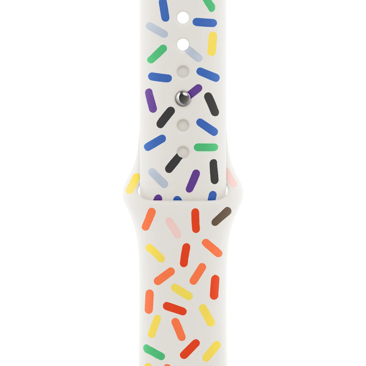 Ein weißes Uhrenarmband mit bunten Streuseln in Blau, Grün, Lila, Gelb, Orange und Braun.