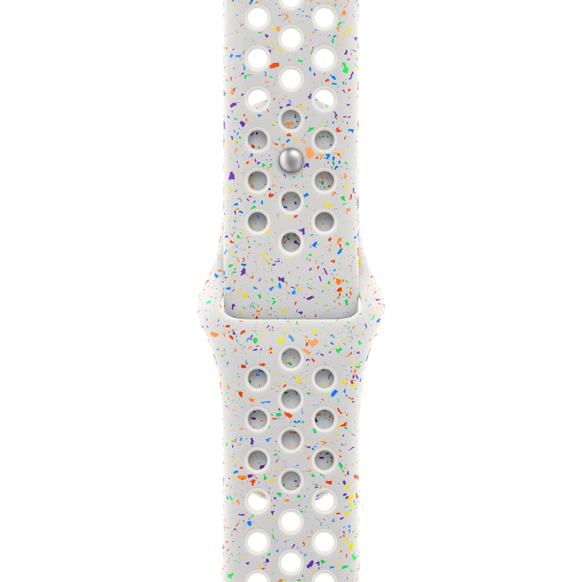 Un cinturino bianco con macchie colorate e molti piccoli fori.