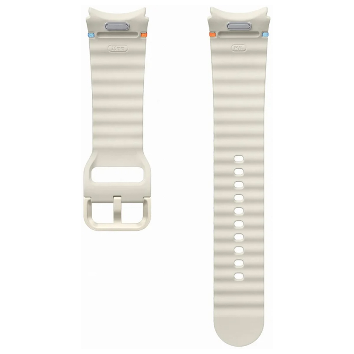 Dos correas de reloj de goma color crema con estrías y hebillas.