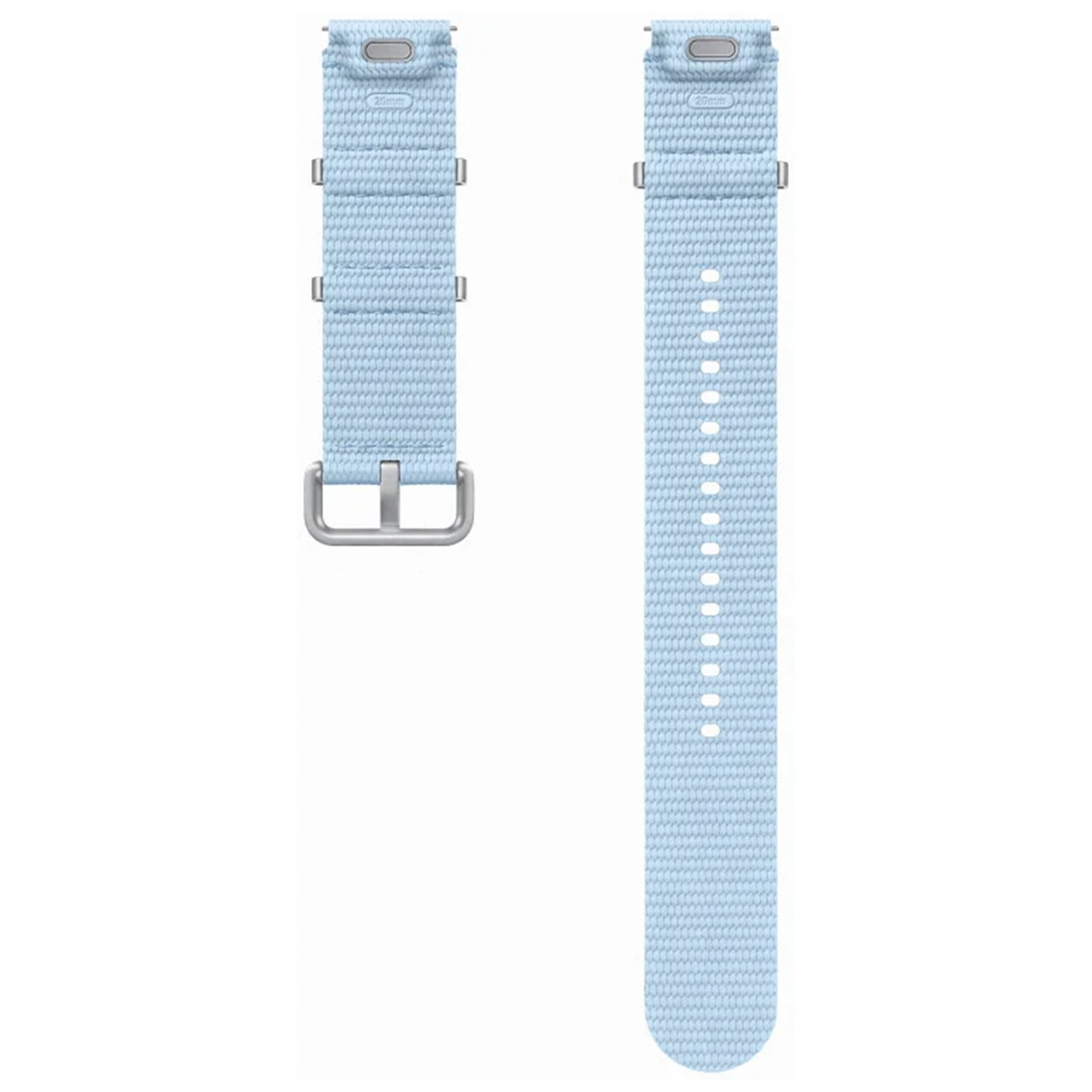 Dos correas de reloj de tela azul claro con hebilla plateada, sobre fondo blanco.