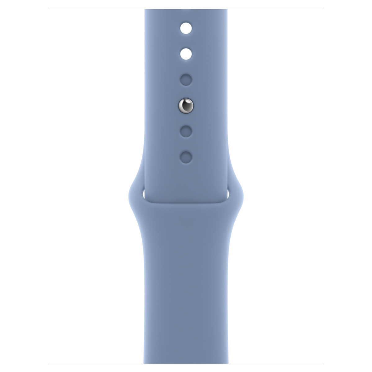 Een blauwe horlogeband met gaten en een zilveren pin.