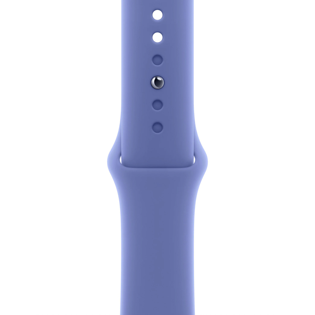 Un bracelet de montre violet avec des trous et une broche métallique.