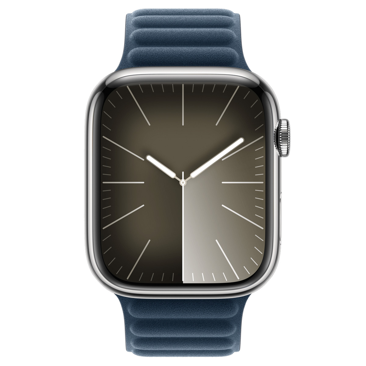 Eine stilvolle Smartwatch mit blauem Armband und einem silbernen Gehäuse.