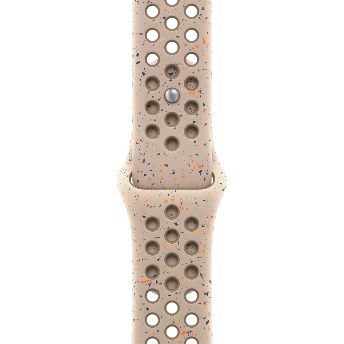 A light beige watch band with holes and colorful speckles.