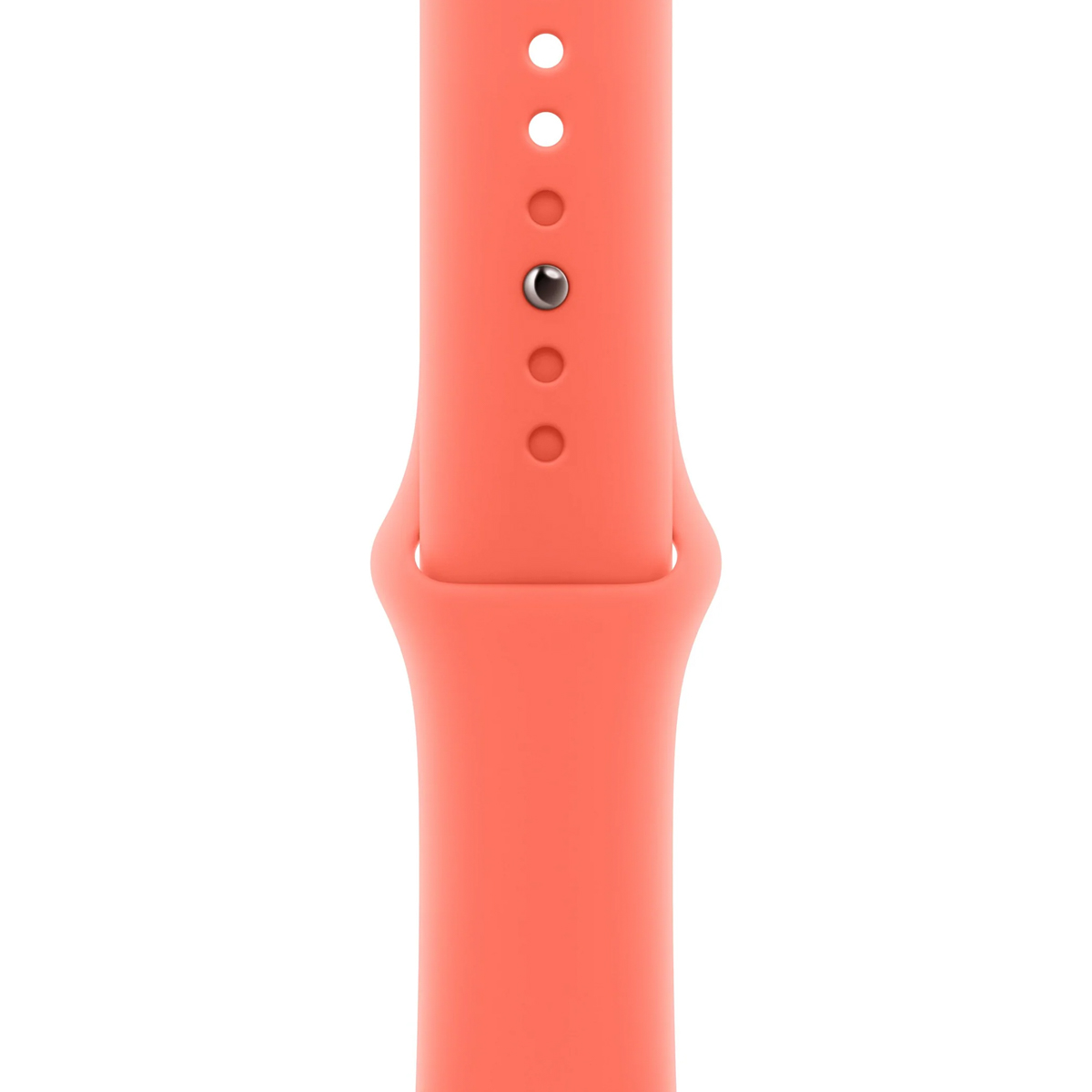 Cinturino smartwatch corallo con fori e borchia argentata su sfondo bianco.