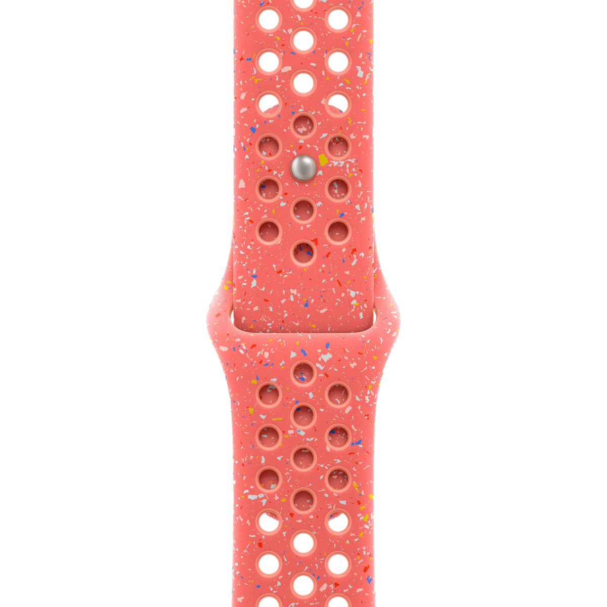 A coral-colored watch band with perforations and colorful speckles.