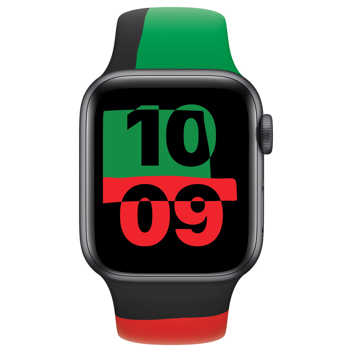 Uno smartwatch grigio mostra le 10:09 sul suo schermo nero con cinturino rosso, verde e nero.