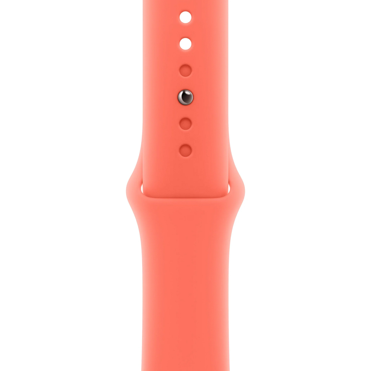 Un bracelet de montre corail avec des trous et une broche en métal.