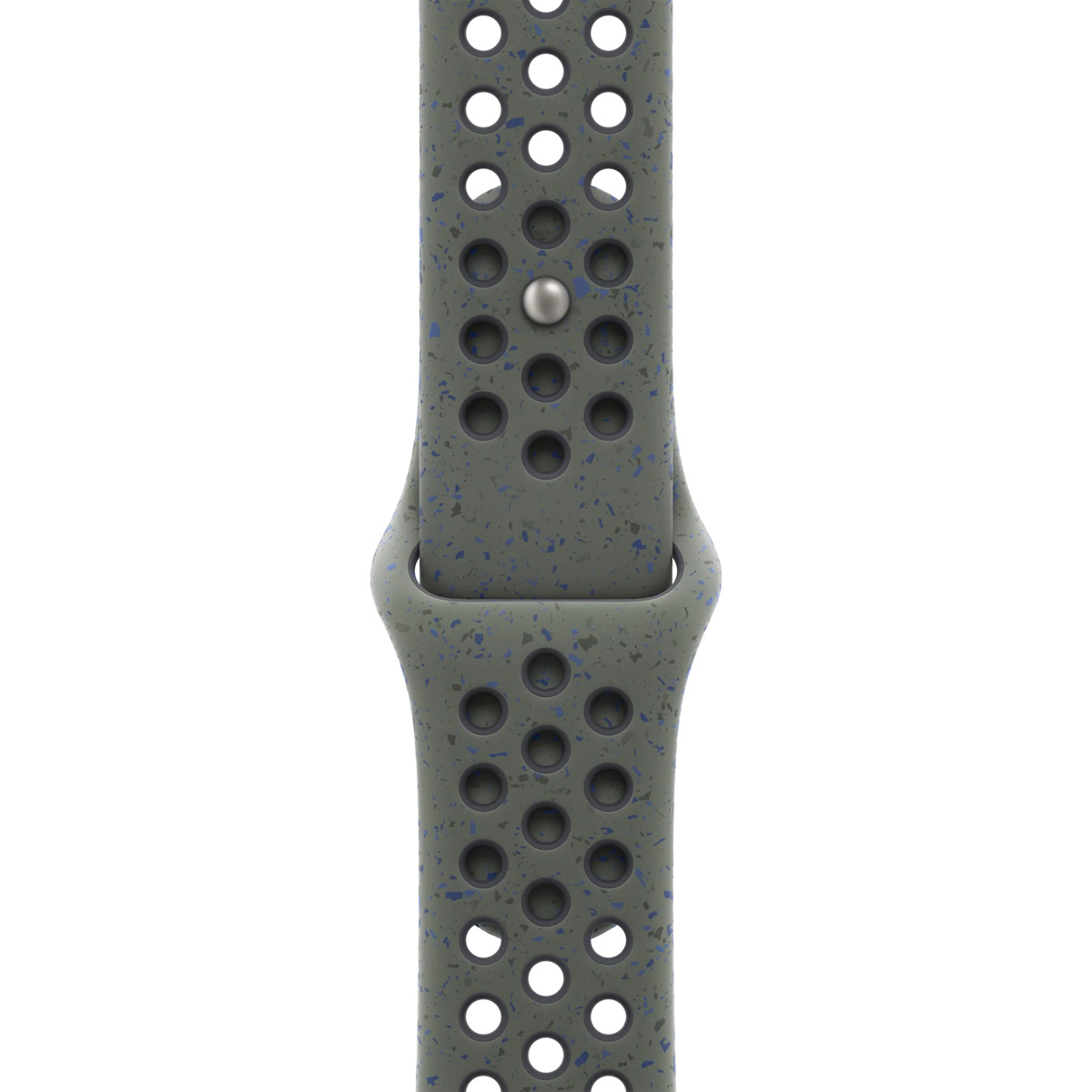 Gray watch band with air holes and blue speckles, featuring a silver pin.