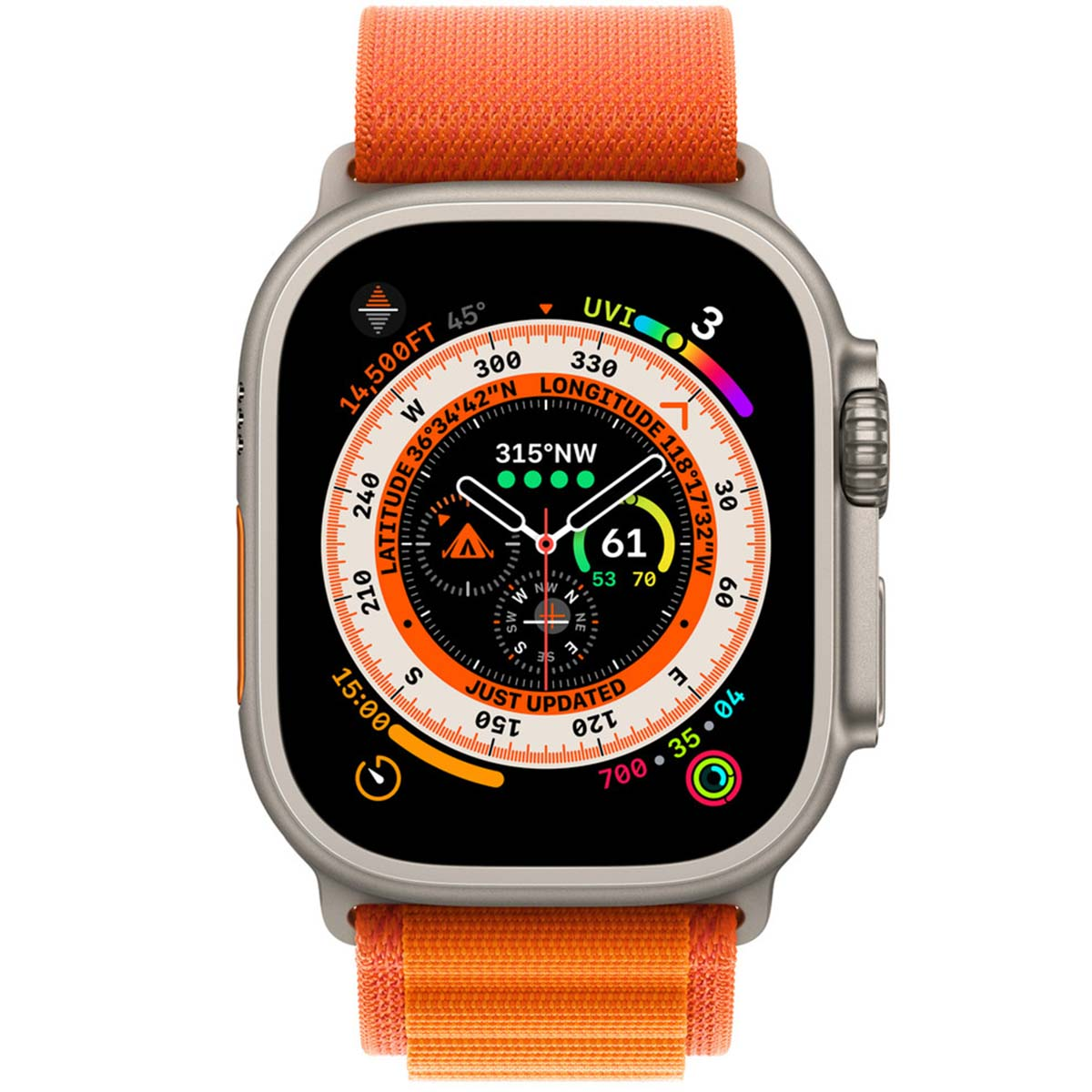 Une montre connectée grise avec bracelet orange affiche des données de boussole et d'altimètre.