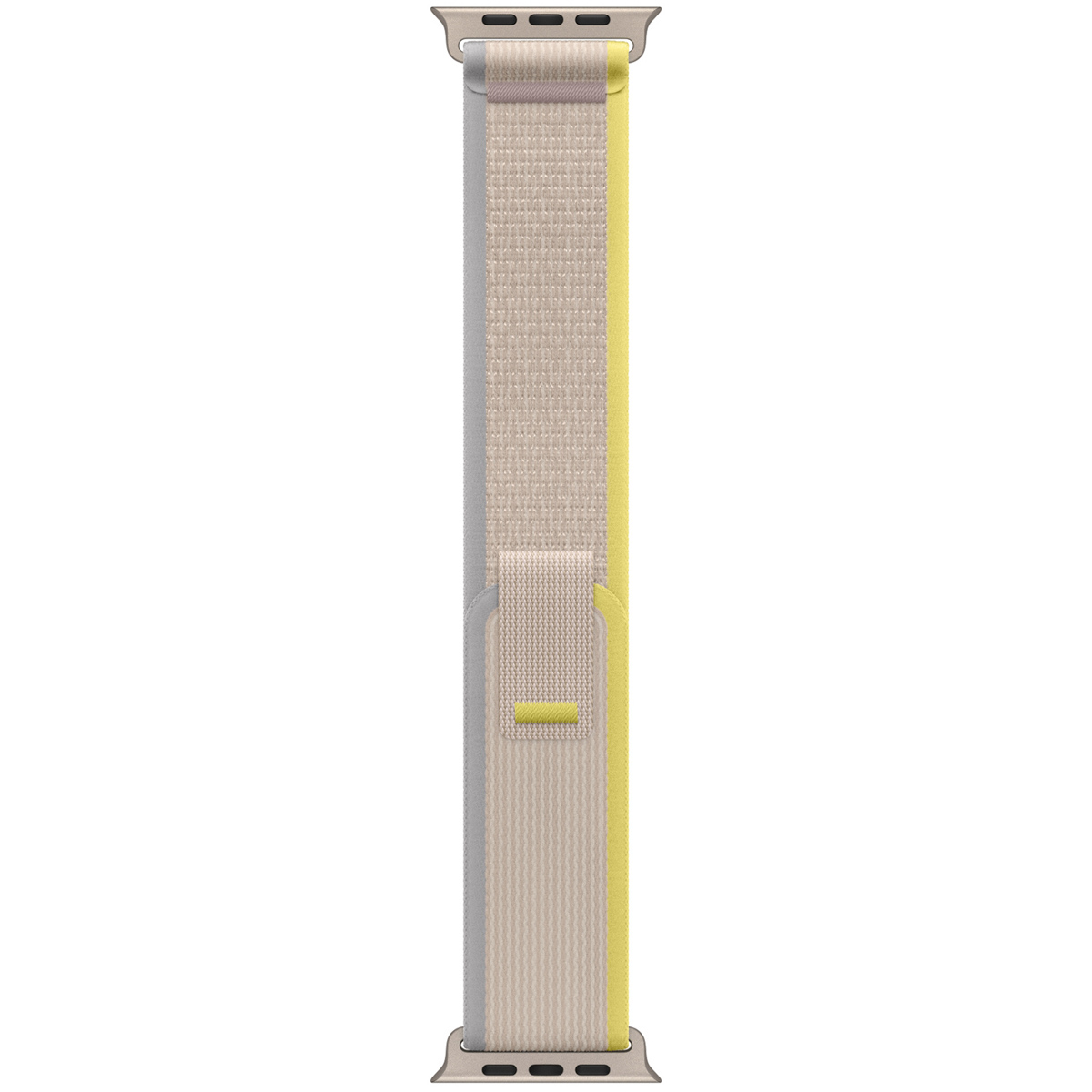 An Apple Watch band with light gray, beige, and yellow stripes.