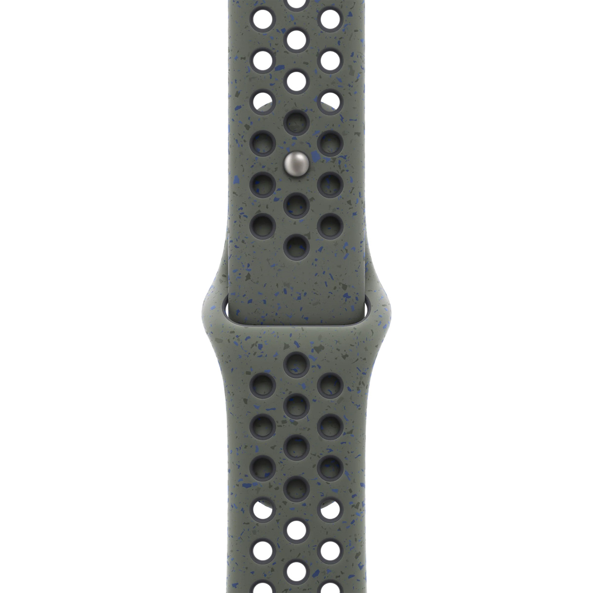 Gray watch band with many small holes and blue speckles.