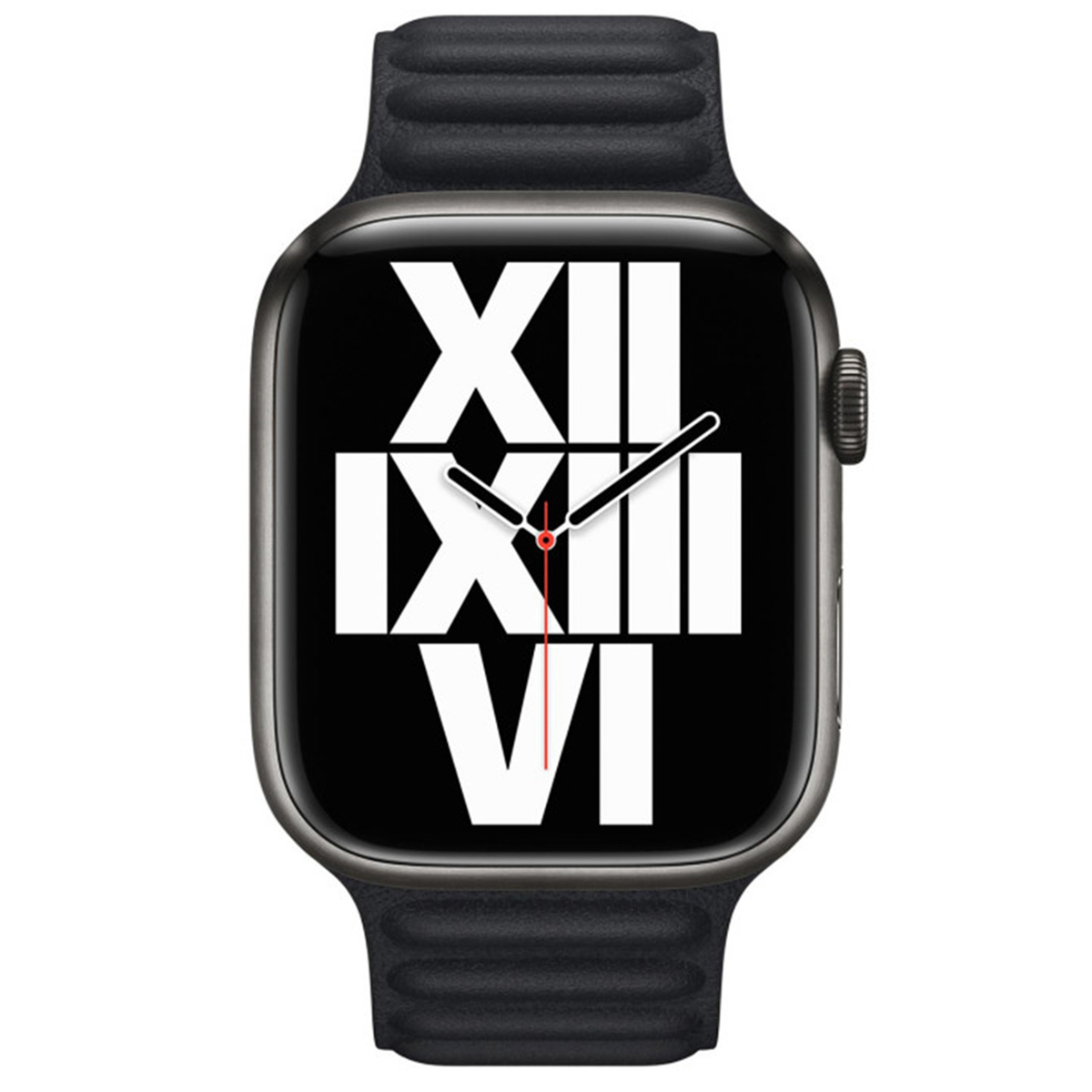 Eine graue Smartwatch mit schwarzem Armband und einem Zifferblatt mit römischen Ziffern.