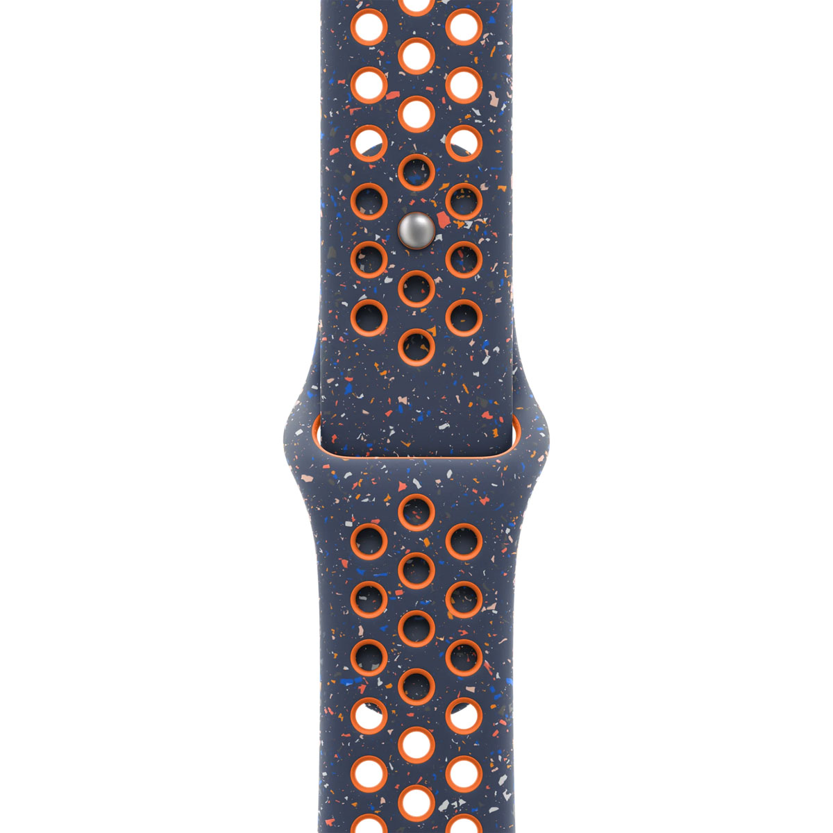 Dark blue watch band with orange trim and circular perforations.