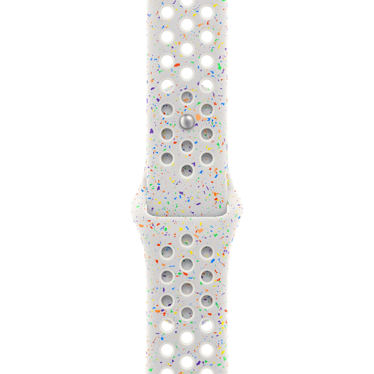 A white watch band with colorful speckles and perforated holes.