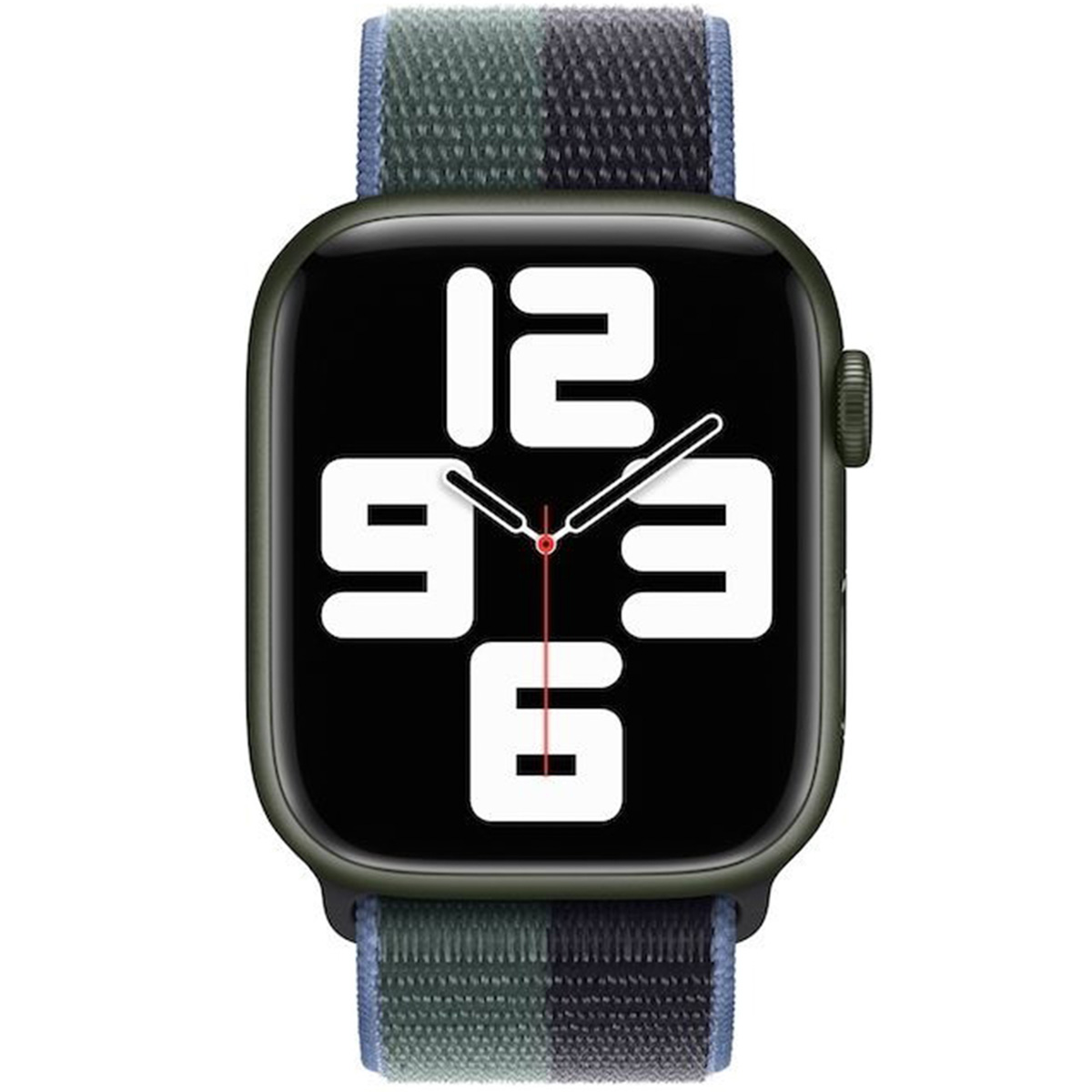 Zielony smartwatch w kratkę z materiałową bransoletą i cyfrowym wyświetlaczem.