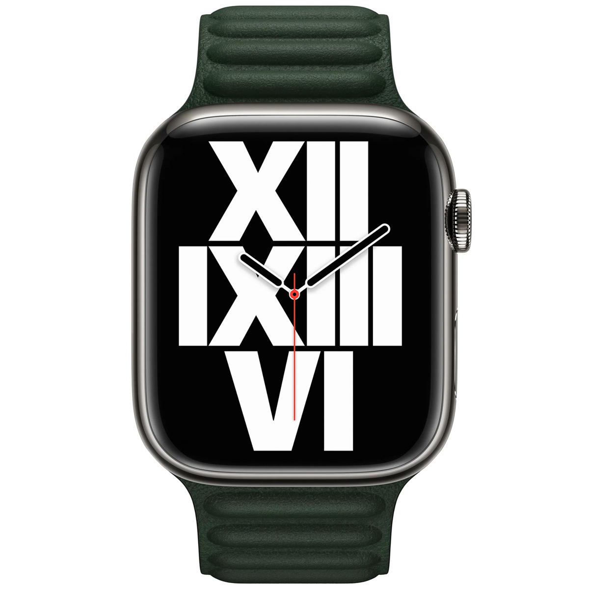 Een smaragdgroene smartwatch met een zwart wijzerplaat met Romeinse cijfers.