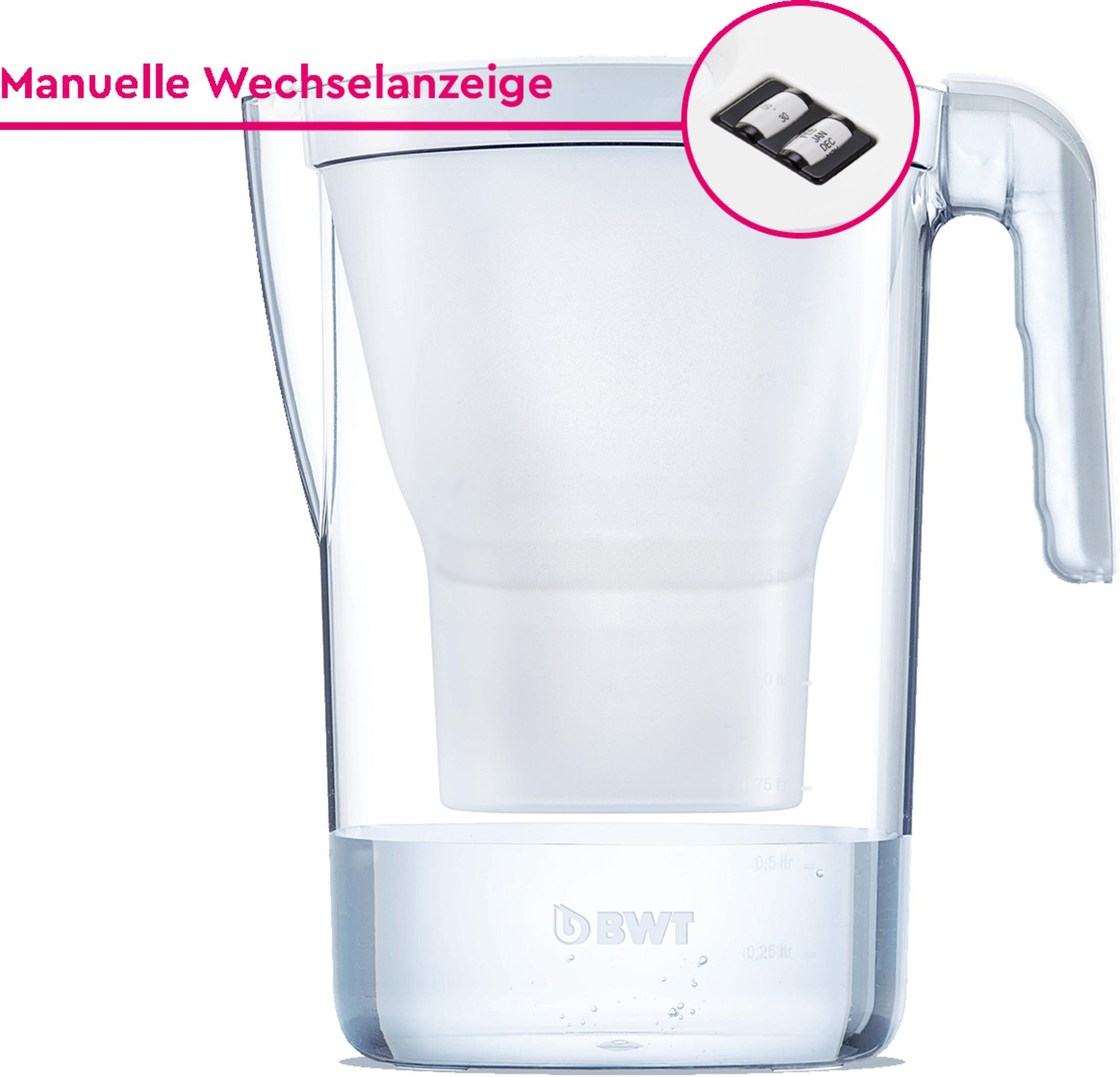 Una brocca filtrante per l'acqua bianca con un indicatore visibile per cambio manuale.