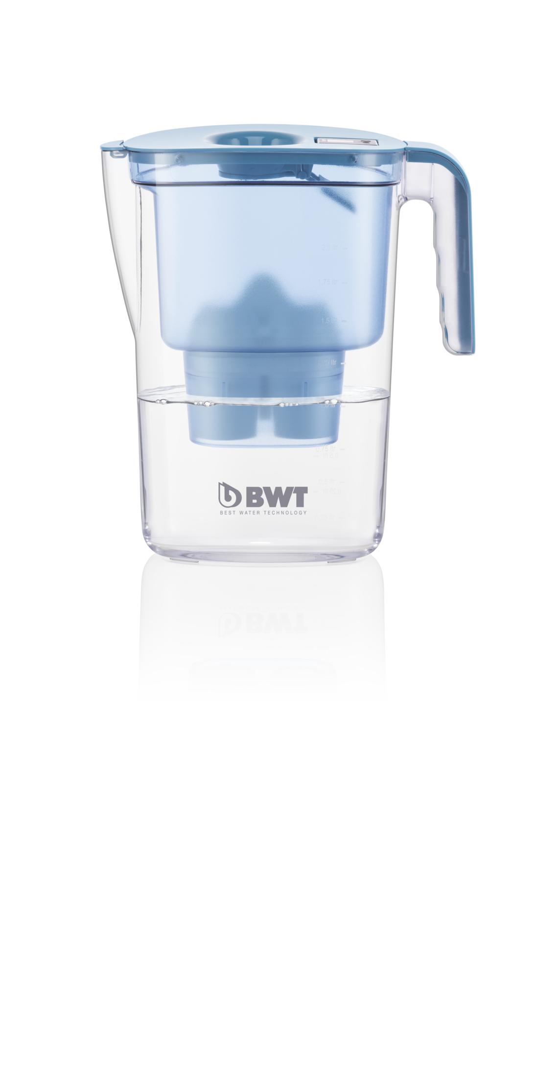 A blue water filter pitcher with lid and handle, half filled with water.