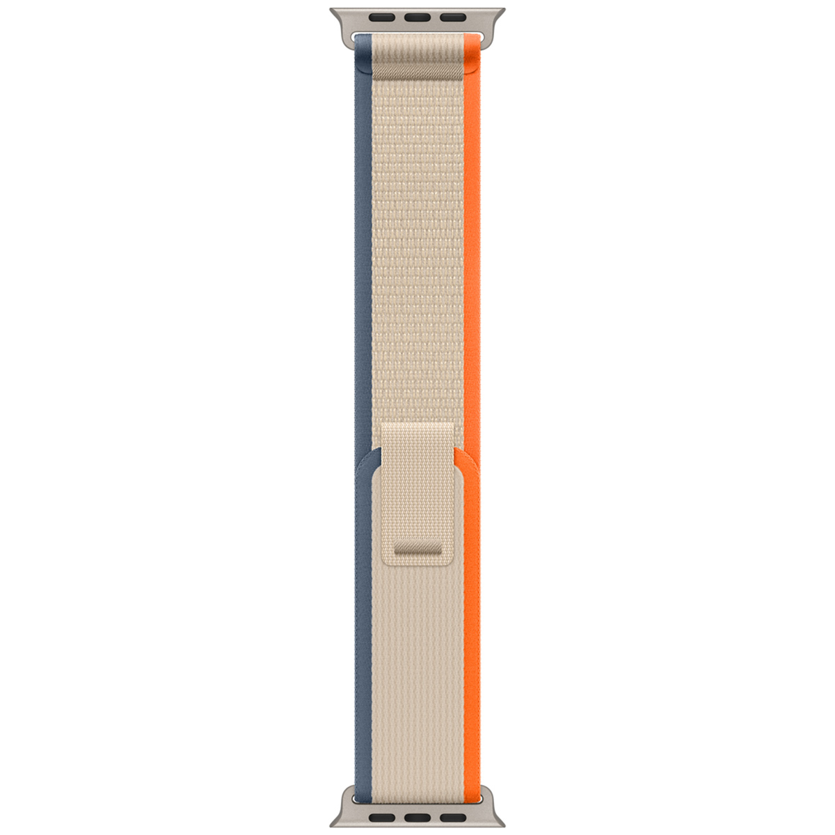 Ein Apple Watch Armband in Beige mit blauen und orangen Streifen.