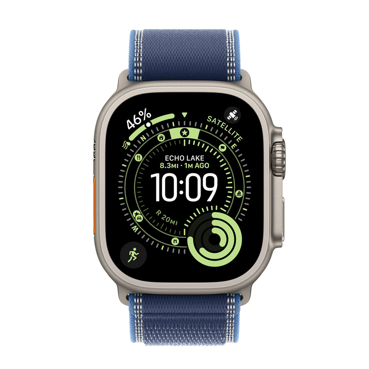Smartwatch grigio con cinturino in tessuto blu mostra le 10:09 e il 46%.