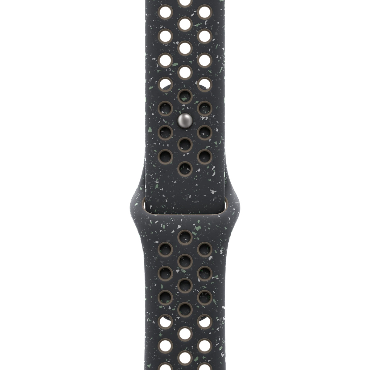 Dark grey perforated watch band with speckles and a silver pin closure.