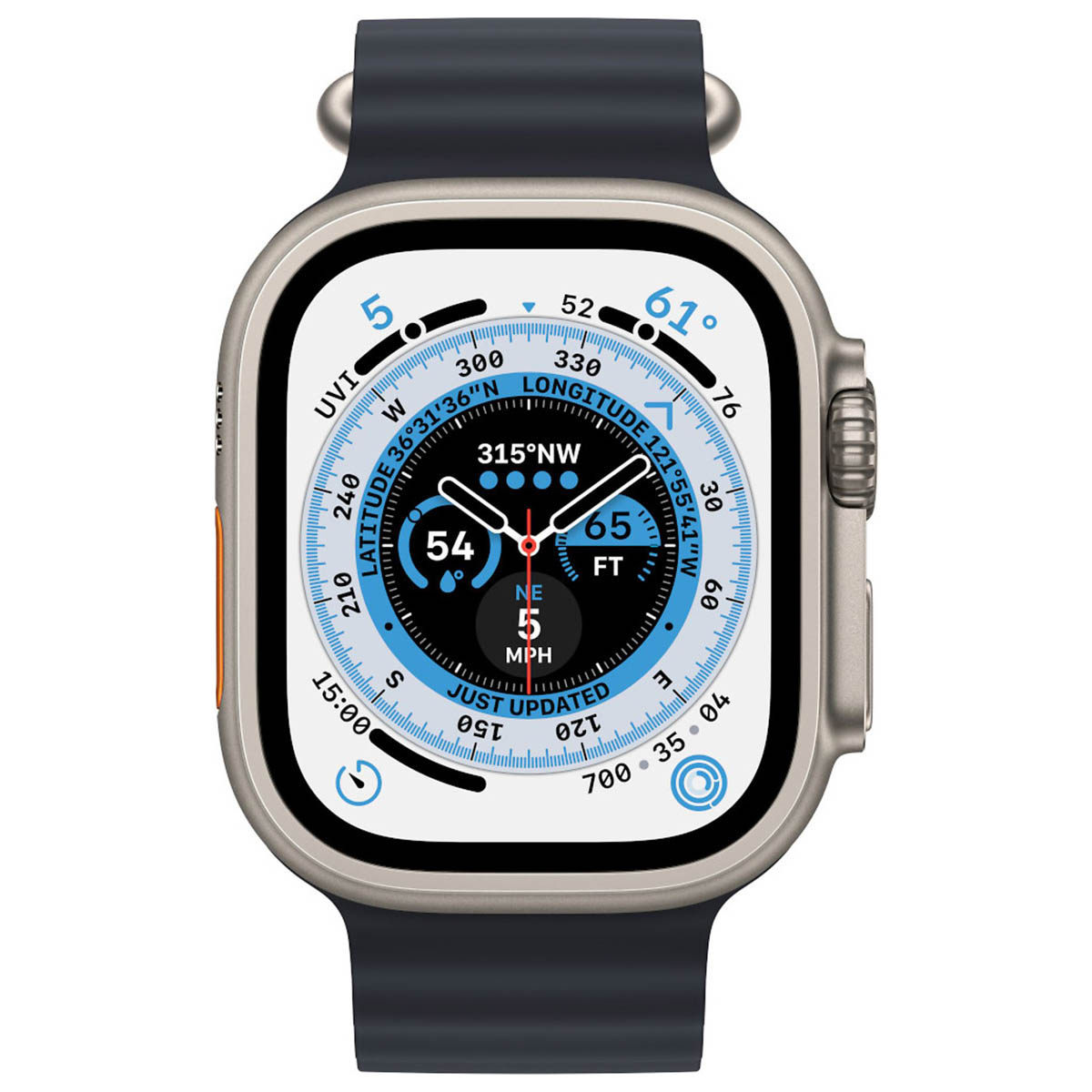 Een zilverkleurig smartwatch met donkerblauw bandje toont een kompas- en navigatie-interface.