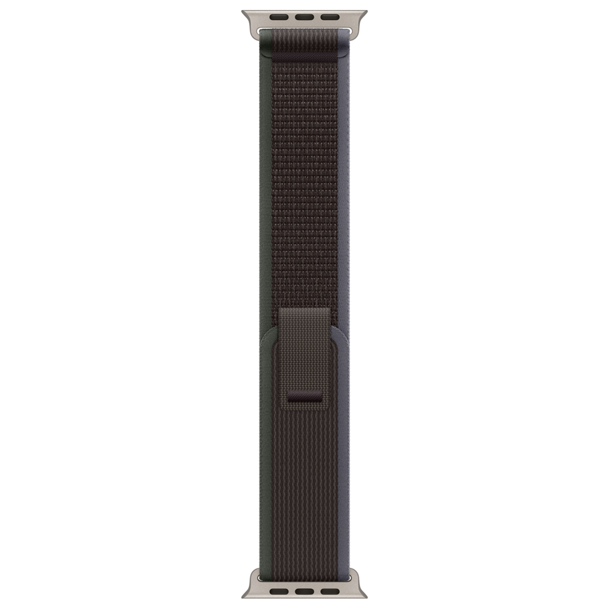Bracelet en tissu gris foncé avec connecteurs argentés pour une montre connectée.