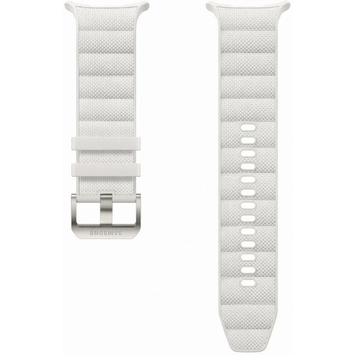 Due cinturini bianchi per orologio Samsung, uno con fibbia, tessuto testurizzato, su sfondo bianco.