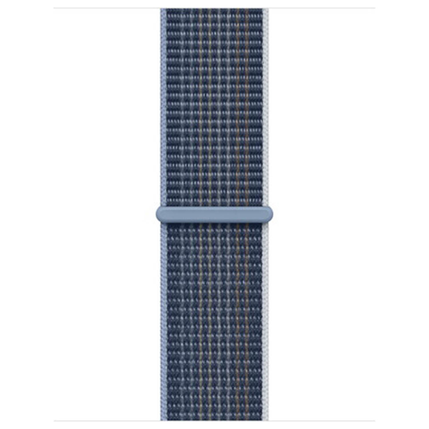 Blue fabric watch band with plaid pattern and gray loop.