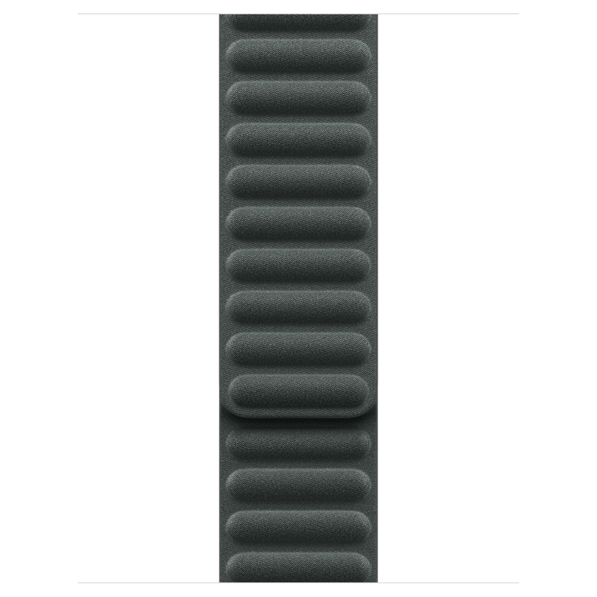 A gray watch band with cushioned ridges, on a white surface.