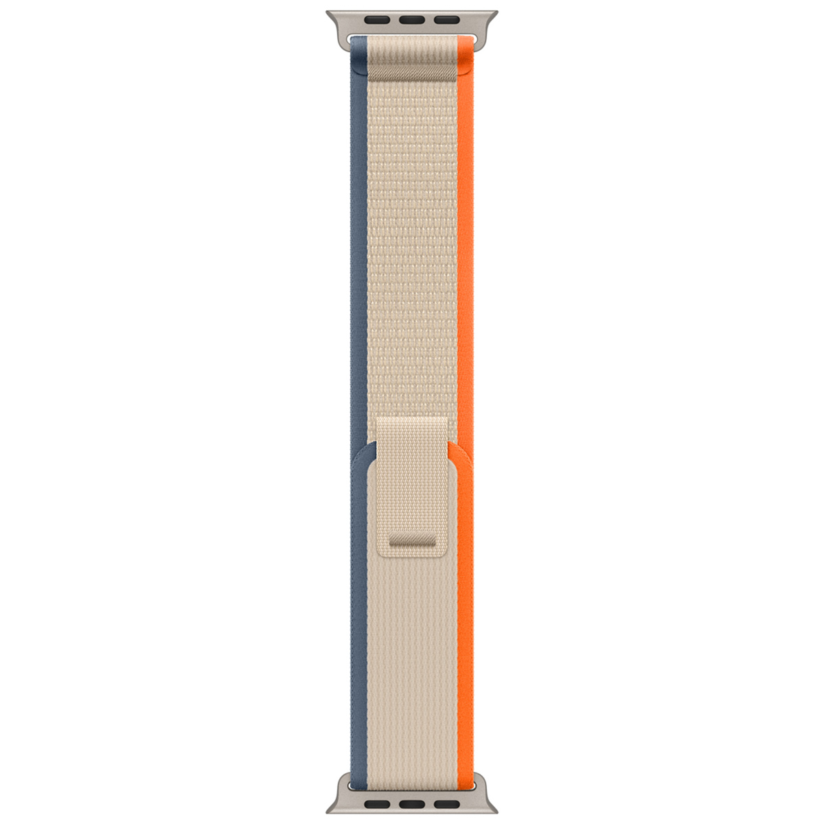 A beige Apple Watch band with blue and orange stripes and silver connectors.