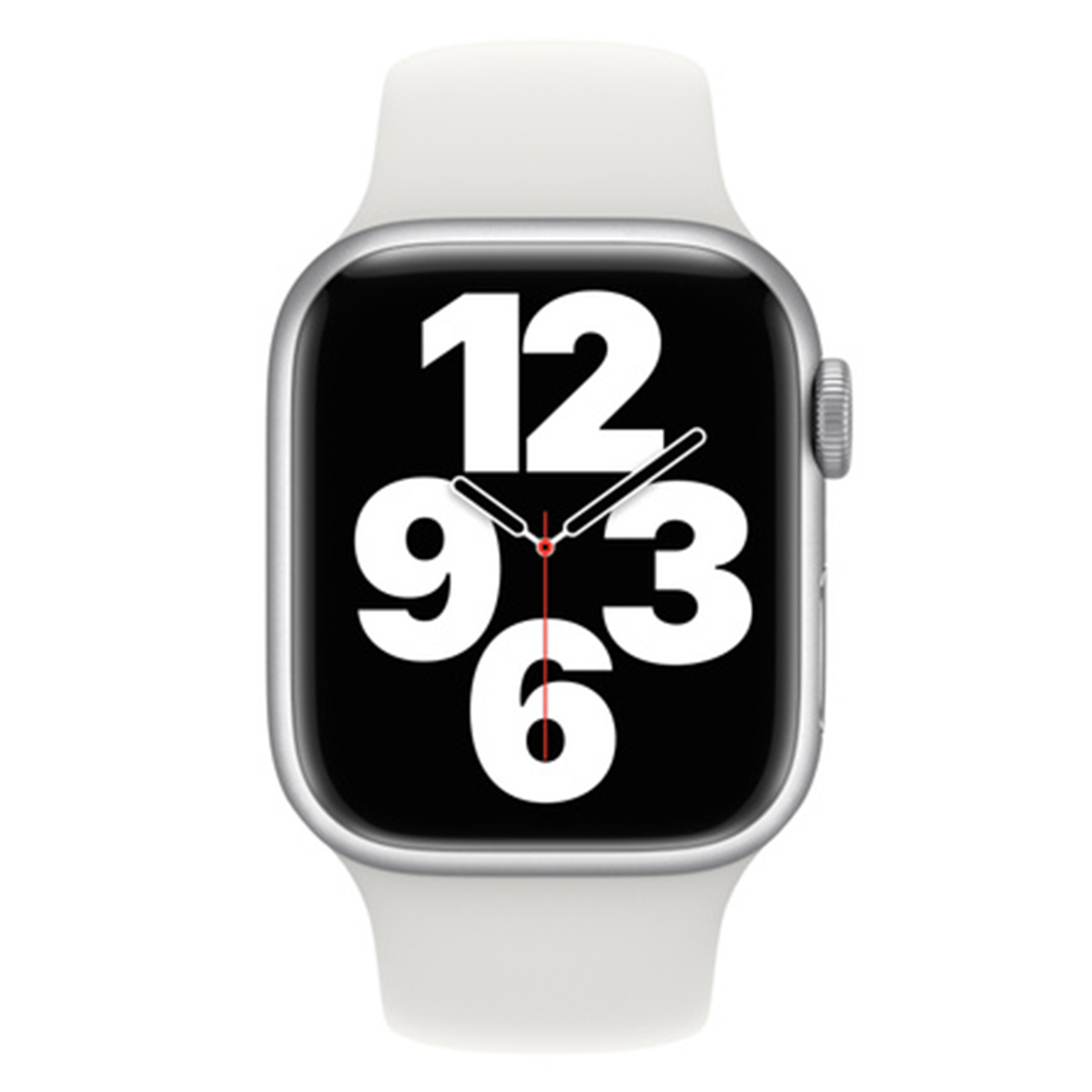 A white smartwatch with a black screen displaying the numbers 12, 3, 6, and 9.