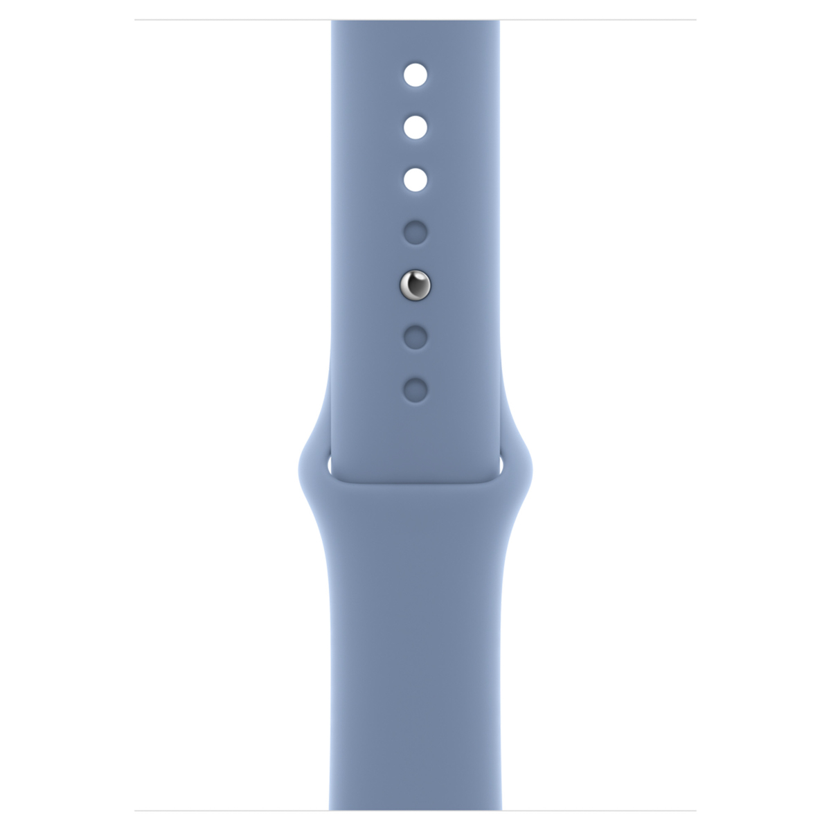 Een lichtblauwe horlogeband met een zilveren stud en gaten.